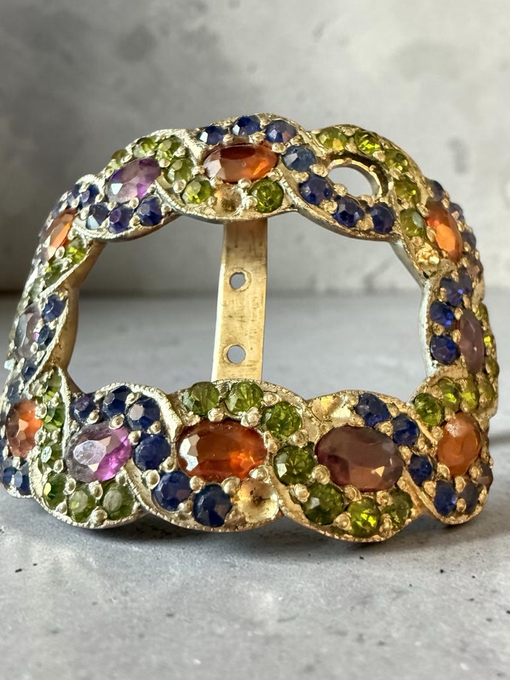Vintage 1940s Signed RNCO Ammeyer Fruit Salad Rhinestone Buckle Sash Pin